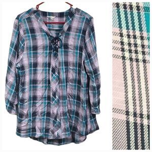 Cato Women's XL Blue Teal Plaid Roll Sleeve Lace Up V-Neck Blouse Casual Shirt